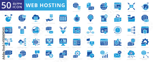 Web hosting icon set with website, dns, server, cloud, template, email, management, database, firewall, statistics, infrastructure, data center, bandwidth, ftp, web hosting, and data transfer