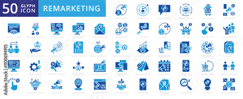 Remarking icon set with impression, visitor, website, retargeting, funnel, cart, audience, ad, lookalike, spend, conversion, return, social media, shopping, marketing, tag, target, email, and video