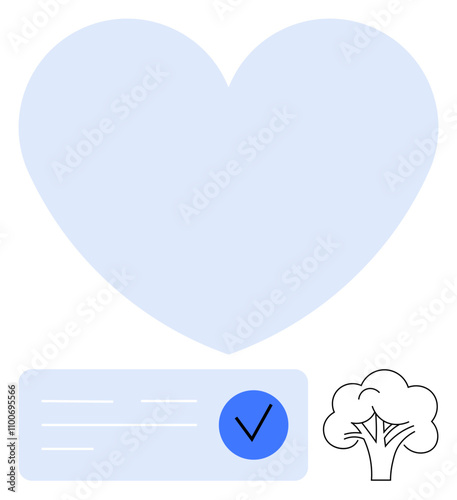 Large blue heart, check mark inside blue circle on a rectangular background, and tree outline. Ideal for health, wellness, approval, sustainability, eco-friendly concepts, nature and quality