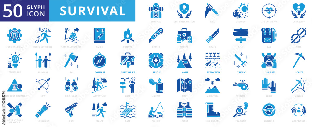 Survival icon set with map, mountain, compass, sign, fishing, bag, adventure, rope, bow, knife, jacket, bonfire, hunting, mining, axe, flashlight, glove, natural disaster, gun, and trident Survival icon set with map, mountain, compass, sign, fishing, bag, adventure, rope, bow, knife, jacket, bonfire, hunting, mining, axe, flashlight, glove, natural disaster, gun, and trident