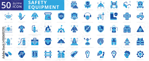 Safety equipment icon set with firefighter, barricade, work, management, pants, helmet, boots, distribution, surgical mask, respirator, construction worker, hard hat, gloves, goggles, and apron