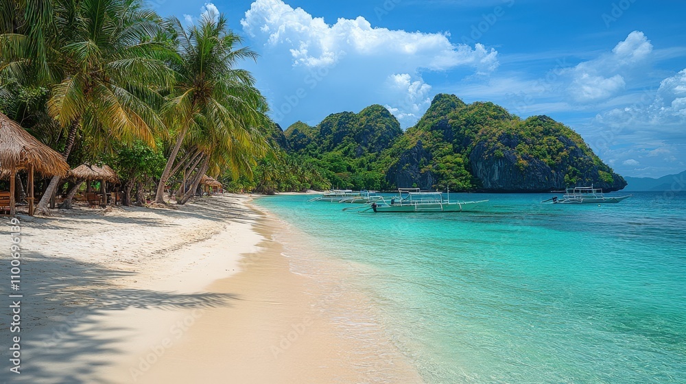 Obraz premium A serene beach scene with palm trees, turquoise water, and distant rocky islands.