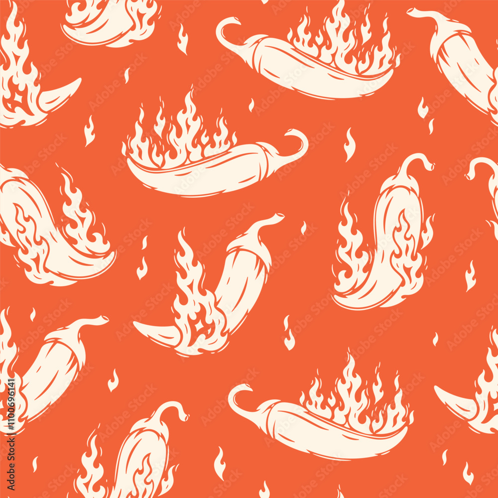 Obraz premium Chili Pepper with Fire Flames Seamless Red Pattern. Hot Chilli Taste. Spicy Food. Hand drawn. Vector illustration.