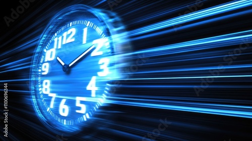 Glowing blue clock face with dynamic light trails in dark background