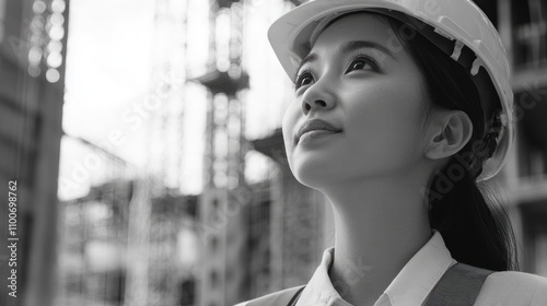 Female engineer on a construction site, inspecting progress photo