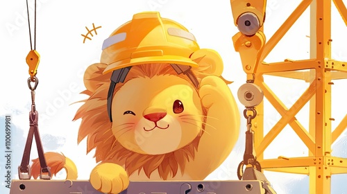 A Cute Lion Cub Wearing A Hard Hat Near A Crane photo