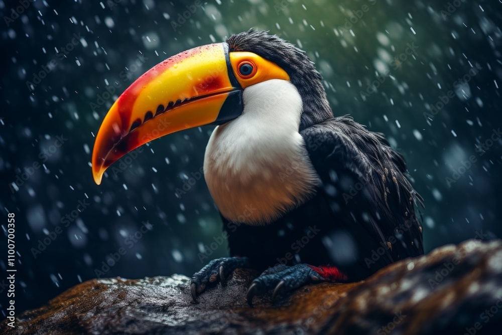 Fototapeta premium Emotive Toucan Portrait with Dramatic Raindrop Effects