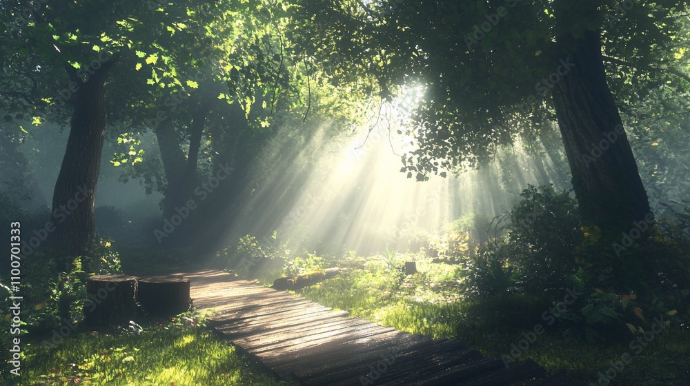 Obraz premium Sunbeams illuminate a mystical forest path.