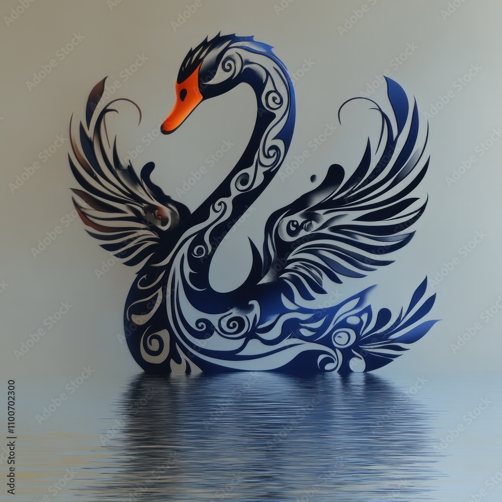 Fototapeta premium A stylized swan design with intricate patterns, reflecting on water.