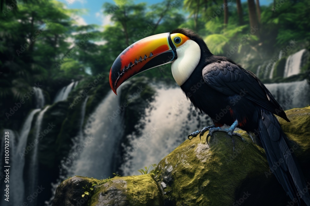 Fototapeta premium Photorealistic Toucan Overlooking Waterfall with Soggy Elegance