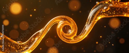 Golden honey spiral swirling in artistic abstract on dark background