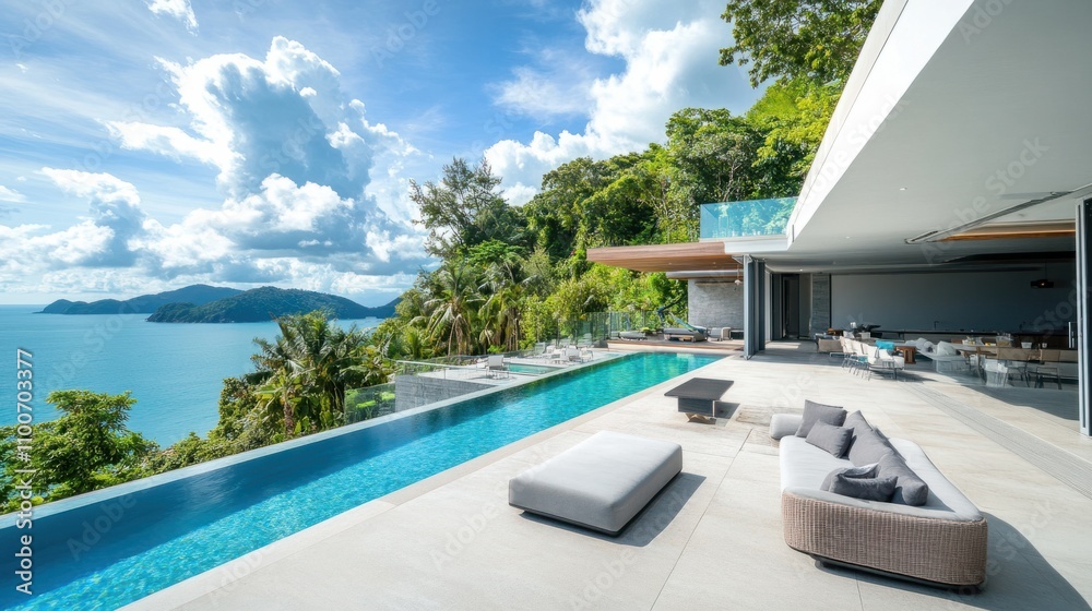 Fototapeta premium Modern villa by the beach with spacious open plan, outdoor lounge, and sea view