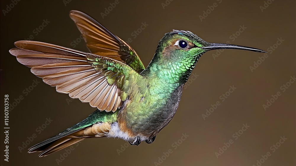 Fototapeta premium Vibrant Hummingbird in Mid-Flight with Colorful Feathers Displayed