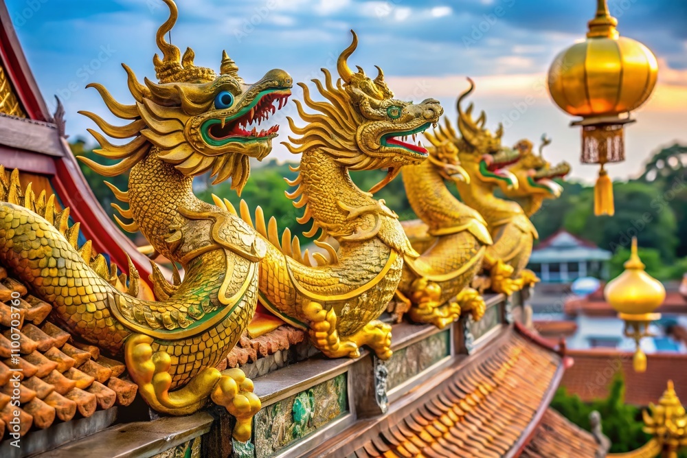 Majestic Golden Chinese Dragon Statues Adorning Rooftop Lamps at Wat Samphran Dragon Temple, Nakhon Pathom, Thailand Captured in Stunning Macro Photography Majestic Golden Chinese Dragon Statues Adorning Rooftop Lamps at Wat Samphran Dragon Temple, Nakhon Pathom, Thailand Captured in Stunning Macro Photography
