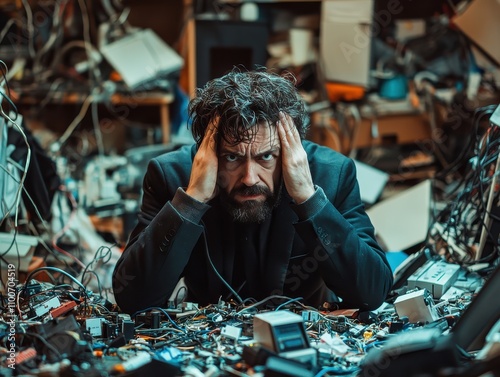 Exasperated software engineer rubbing forehead, messy desk with cables and gadgets, computer screen flashing error, isolated office background, space for IT crisis theme
