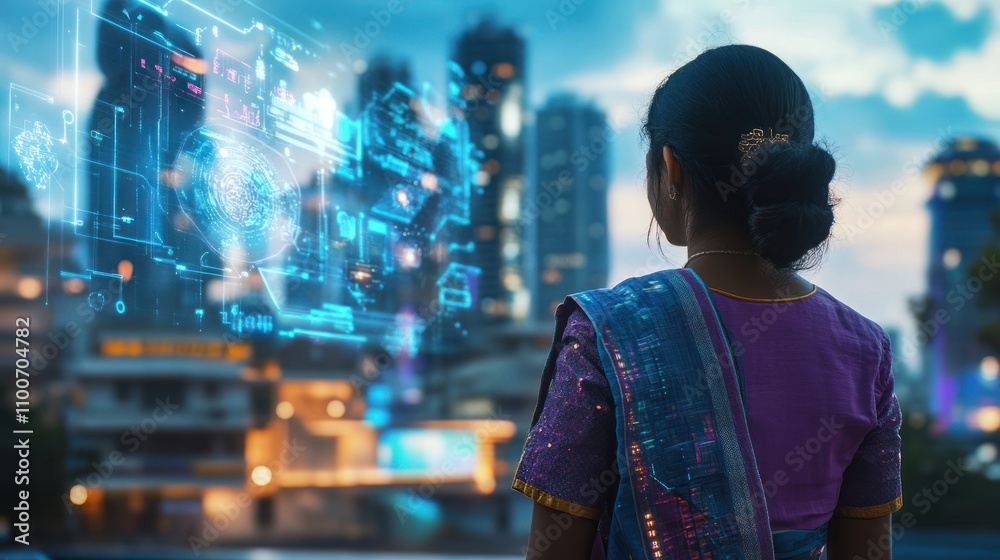 Obraz premium Indian people featured in futuristic urban settings with smart city infrastructure, emphasizing technological progress