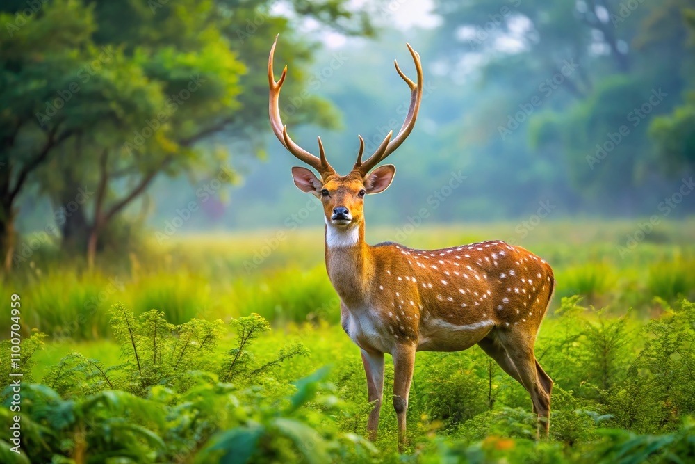 Fototapeta premium Majestic Male Spotted Deer in Dhikala Jim Corbett: A Winter Safari Adventure in Uttarakhand's Lush Green Wilderness