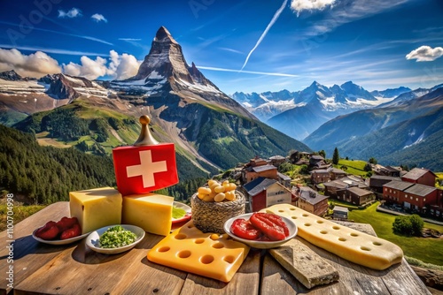 Majestic Matterhorn with Swiss Cross and August 1st Celebrations Featuring Chocolate and Cheese for Swiss National Day photo