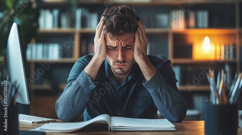 Annoyed graphic designer pushing aside sketchbook, cluttered desk with design tools, monitor showing project error, bright studio lighting, copy space for creative block themes