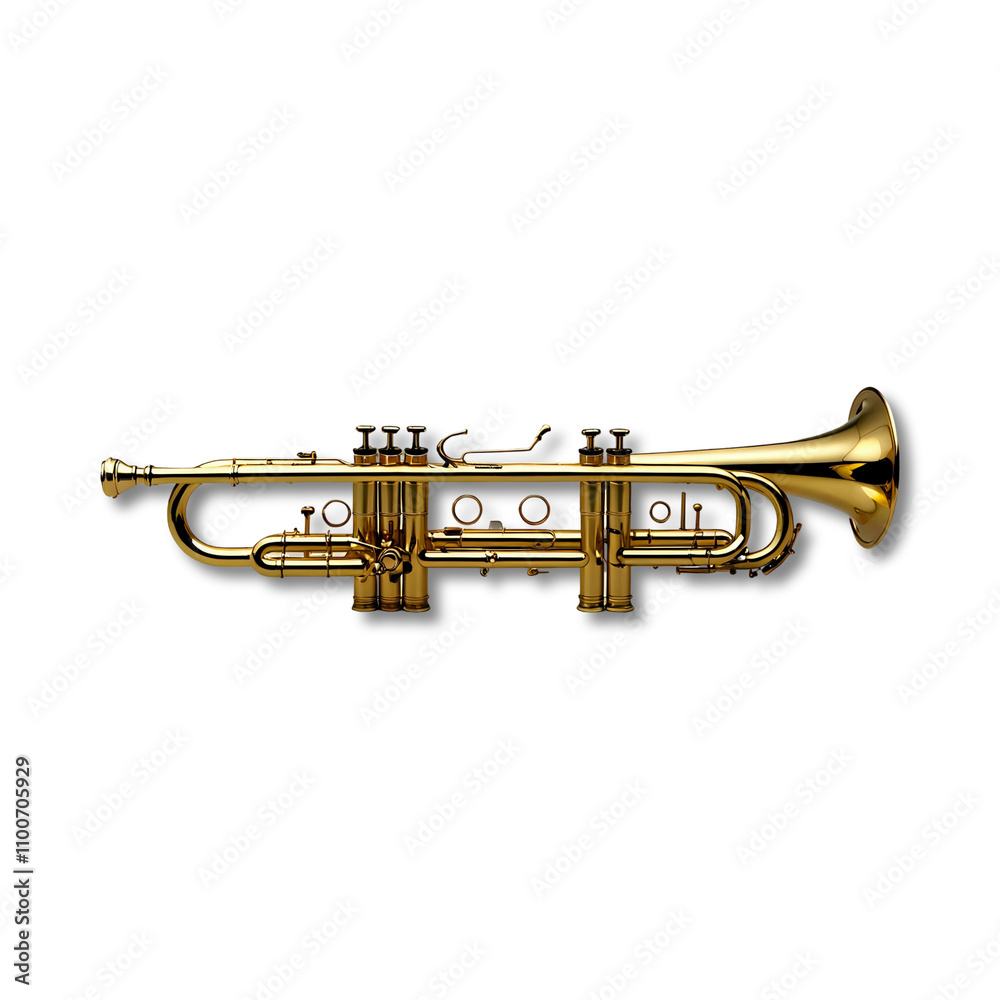 Obraz premium A gleaming gold trumpet isolated on a white background, perfect for musical themes, advertising, or design projects.