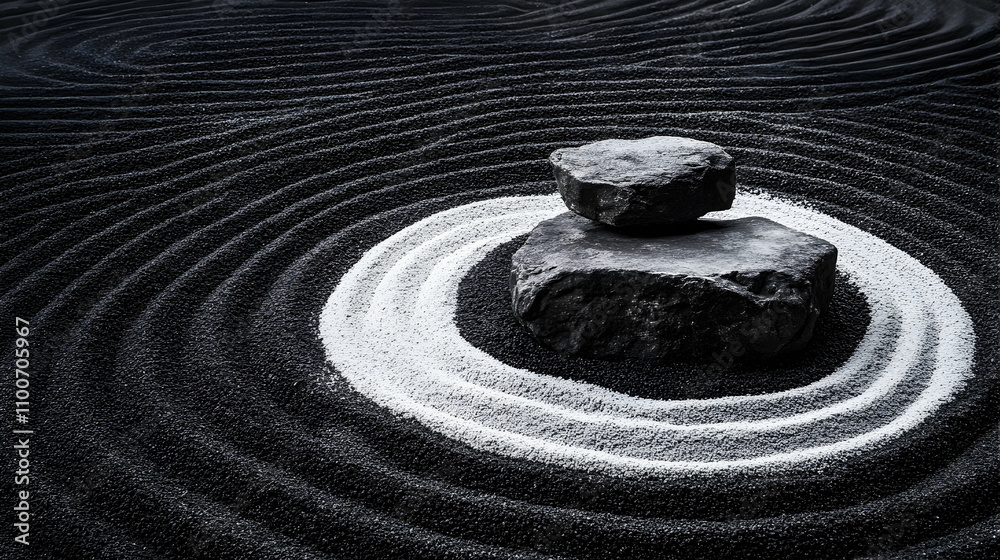 Naklejka premium Tranquil Zen Garden with Smooth Stones and Raked Sand Patterns