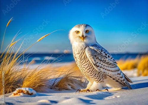 Majestic Snowy Owl Regurgitating Owl Pellet on Sandy Point Beach at Parker River Wildlife Refuge in Massachusetts Captured in Stunning Portrait Photography photo