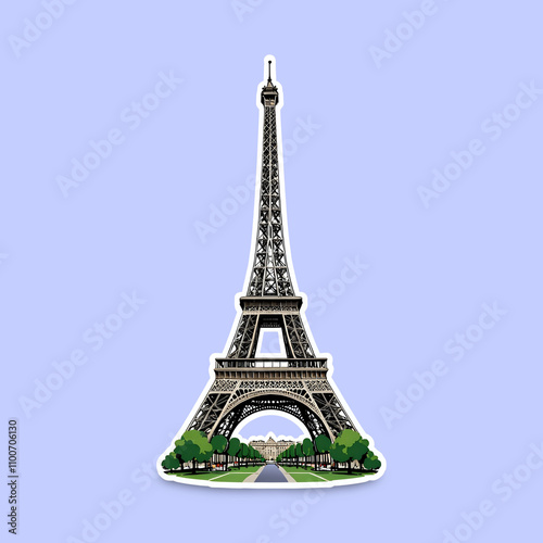 Eiffel Tower sticker illustration, iconic Parisian landmark, travel, France, vector graphic design.