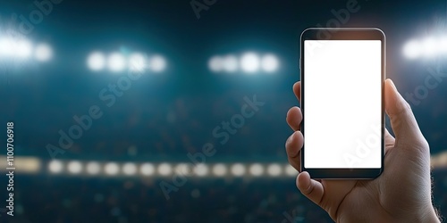A hand holds a smartphone with a blank screen, set against a blurred background of bright stadium lights.