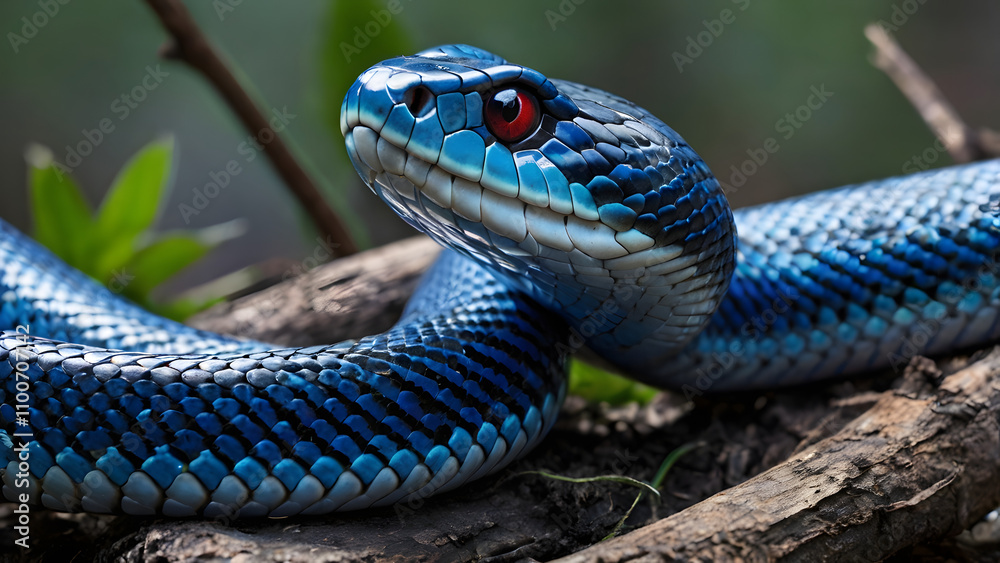Fototapeta premium A blue snake with red eyes is on a branch. The snake is curled up and he is resting