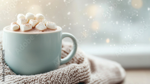 A heartwarming close-up of a teal mug filled with hot chocolate topped with marshmallows, surrounded by a soft knitted blanket, creating a relaxing and cozy winter ambiance with falling snow outside. photo