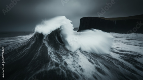 A dramatic scene of a massive ocean wave crashing forcefully against dark waters near towering rugged cliffs, under a moody winter sky that amplifies the power and intensity of the coastal seascape. photo