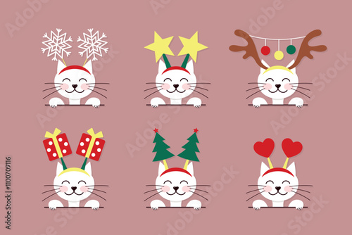 Christmas cats, cute kitty with festive headband, winter holiday decoration, set of vector design elements