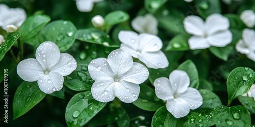 White Vinca Flowers with Fresh Raindrops on Leaves