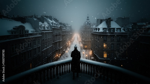 A dramatic night scene of a snowy city with dimly lit streets and classic European-style buildings, featuring a lone silhouetted figure standing on a balcony under a serene snowfall. photo