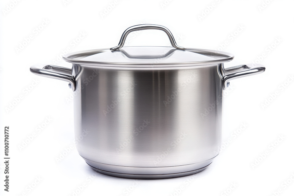 A stainless steel cooking pot with a lid, designed for preparing meals. A stainless steel cooking pot with a lid, designed for preparing meals.