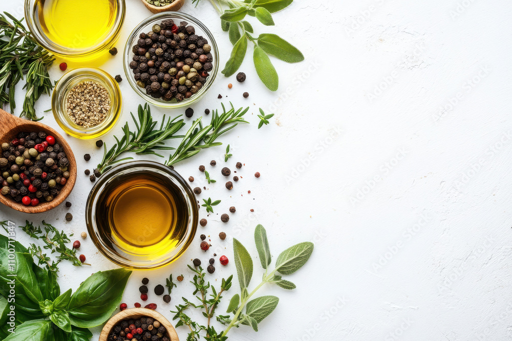 A collection of herbs, spices, and oils arranged for culinary use. A collection of herbs, spices, and oils arranged for culinary use.