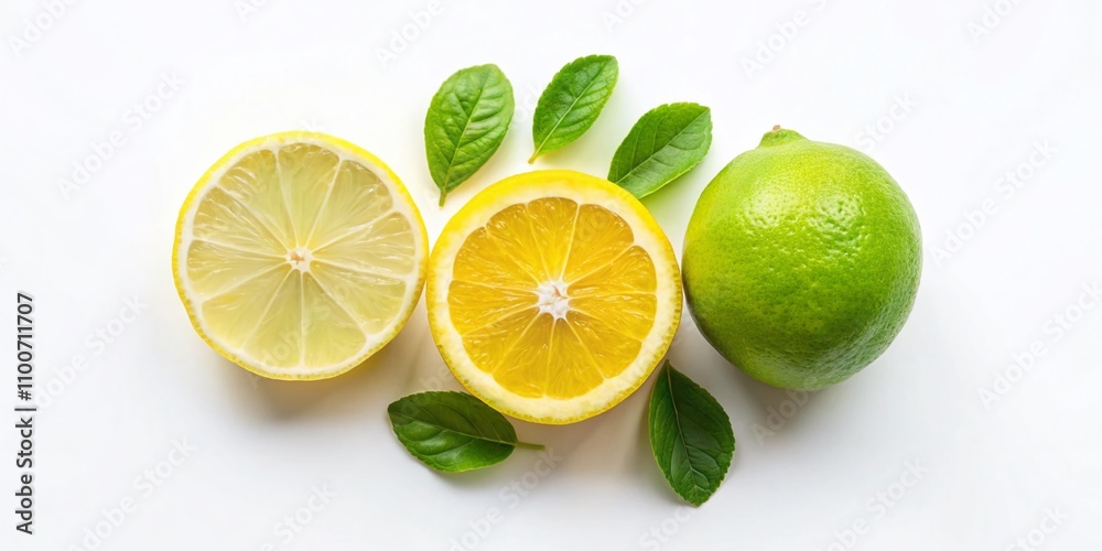 Minimalist Lemon and Lime Fruit Composition Isolated on White Background - Top View Flat Lay for Freshness, Vibrancy, and Culinary Inspiration Minimalist Lemon and Lime Fruit Composition Isolated on White Background - Top View Flat Lay for Freshness, Vibrancy, and Culinary Inspiration
