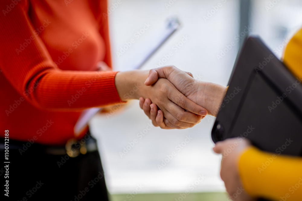 © David - Businesswoman handshake and business people. Successful business handshake concept. © David - Businesswoman handshake and business people. Successful business handshake concept.