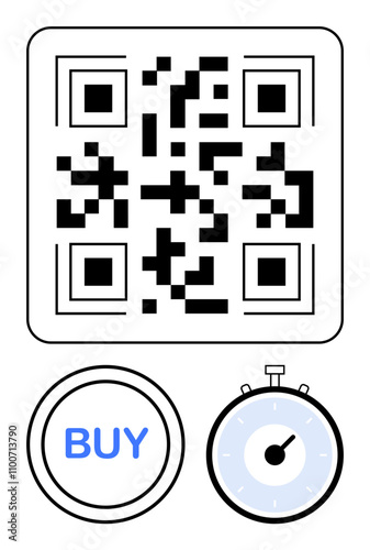 QR code at top blue BUY button on left stopwatch on right. Ideal for e-commerce, online payments, digital shopping, time tracking, efficiency, technology integration, user convenience. Line