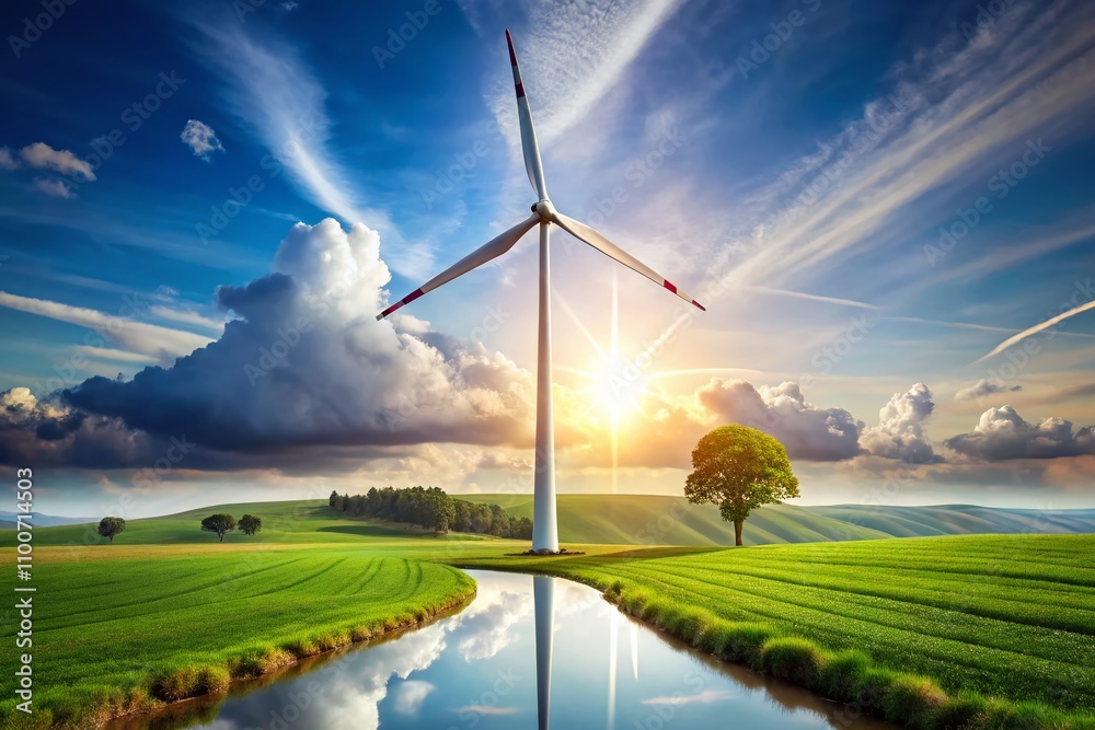 Obraz premium Minimalist Wind Turbine Illustration for Renewable Energy with a Clean Design and Eco-Friendly Focus for Sustainable Living and Environmental Awareness