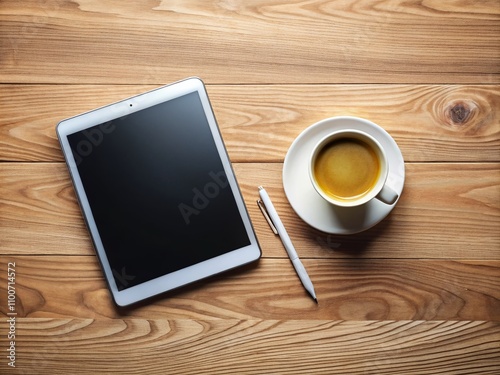 Minimalist Workspace Illustration Featuring Tablet, Stylus, and Coffee Cup on Wooden Desk - Ideal for Office Banners, Covers, and Project Themes photo