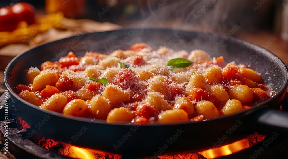 Freshly made gnocchi with tomato sauce, parmesan cheese and basil leaves in a skillet on a stovetop. Freshly made gnocchi with tomato sauce, parmesan cheese and basil leaves in a skillet on a stovetop.