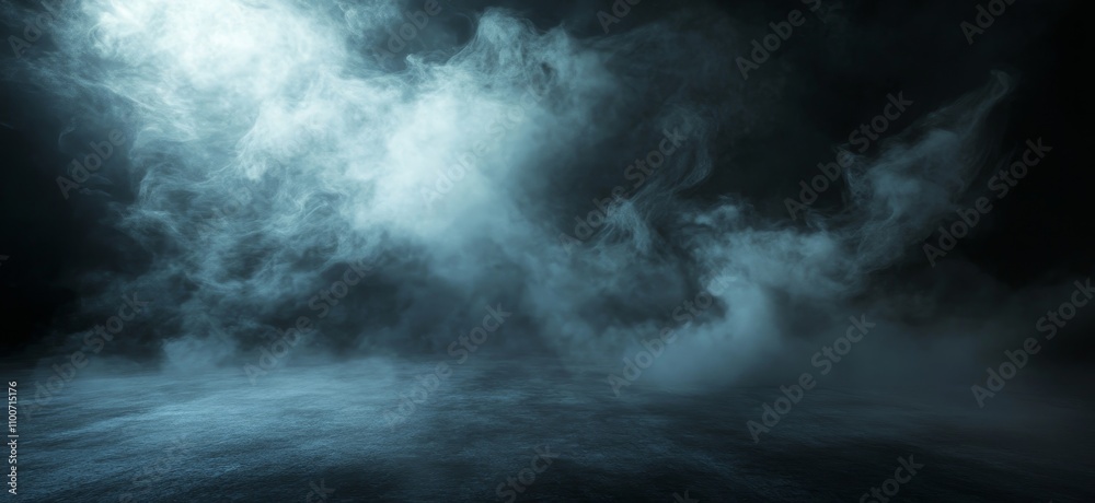 Obraz premium Dark and moody background with swirling white smoke and a soft light beam.