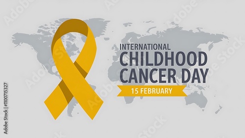 Minimalistic Digital Illustration for International Childhood Cancer Day with Yellow Ribbon and World Map Background photo