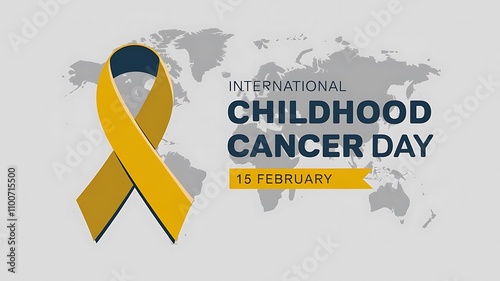 Minimalistic Digital Illustration for International Childhood Cancer Day with Yellow Ribbon and World Map Background photo