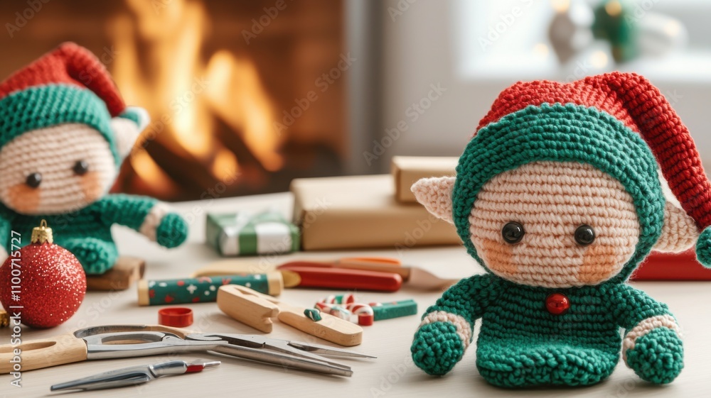 Fototapeta premium Hobby Knitting for Christmas Crochet Christmas elves with festive decorations
