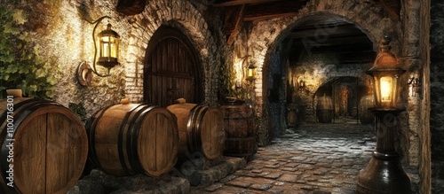 A medieval wine cellar with wooden barrels and old lanterns