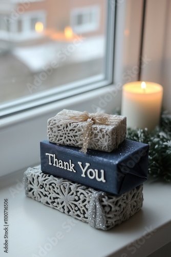 Thank you text on wrapped gifts by a candlelit window during the holiday season photo