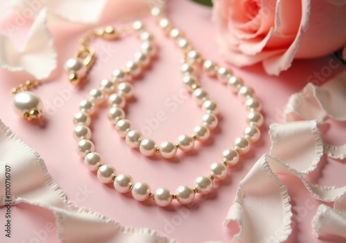 Elegant pearl necklace and earrings set arranged beautifully with a rose