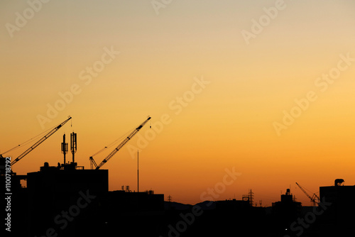 Silhouetted cranes stand silent in the vibrant orange hues of a cloudless predawn sky, awaiting the sun's appearance. Stillness of the early morning hours is reflected in the serene cityscape scene. photo